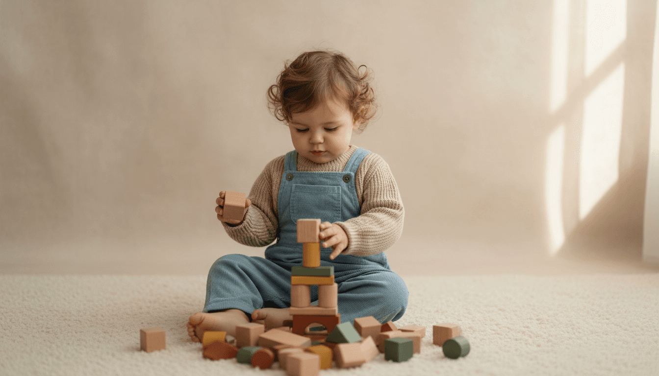 Child playing with colorful wooden educational toy